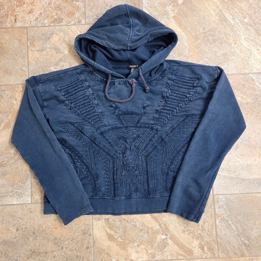 Forever 21 Embroidered Hoodie Pullover Sweatshirt Casual Comfy Blue L